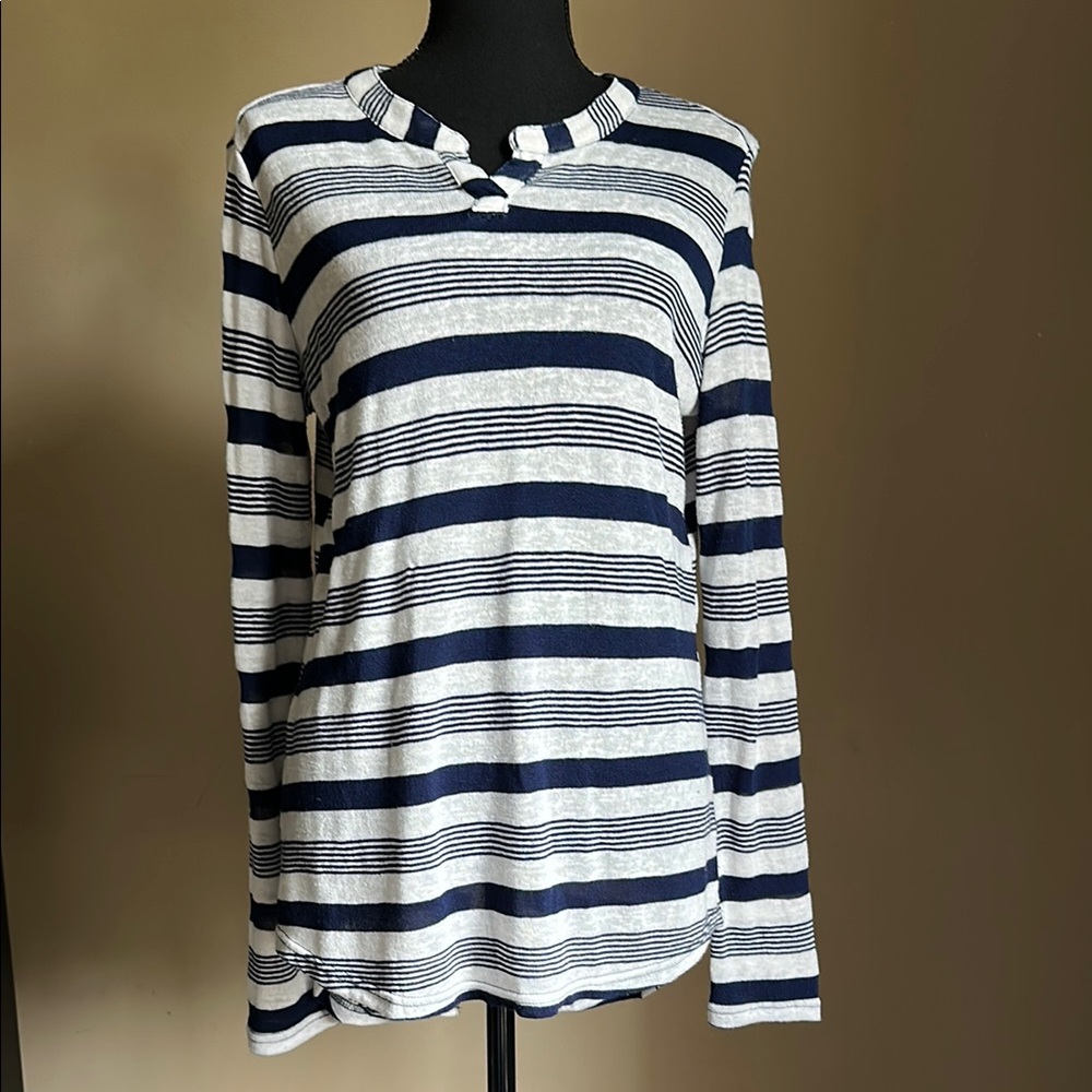 L Love M Women’s Navy and White Striped Henley Top